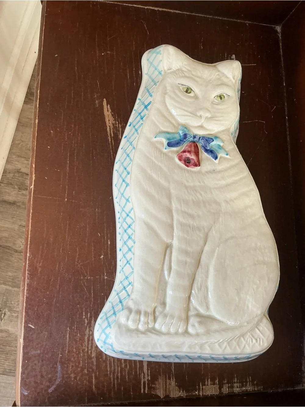 Italian Ceramic Cat Wall Plaque Blue Bow Hand Painted Pottery Vintage Decor